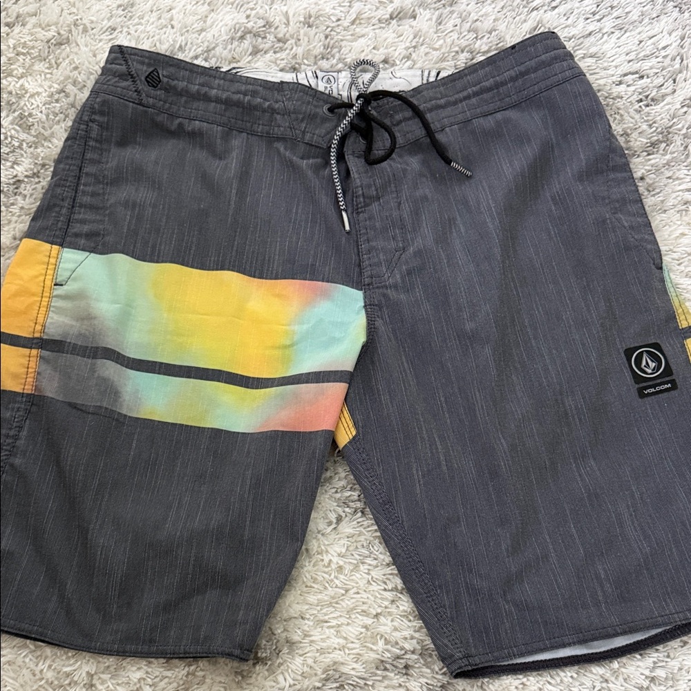 Volcom Men's Charcoal Swim Shorts with Yellow and Aqua Accents